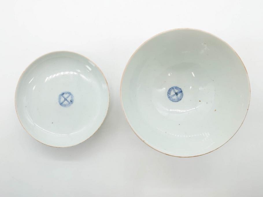 江戸期　古伊万里　染付　色絵　梅　約11cm　3.7寸　食卓を明るく彩る蓋付き茶碗4客セット(金彩、鳥、松、花十字、和食器、蓋茶碗、どんぶり、三寸七分)(R-079602)