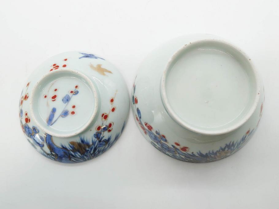 江戸期　古伊万里　染付　色絵　梅　約11cm　3.7寸　食卓を明るく彩る蓋付き茶碗4客セット(金彩、鳥、松、花十字、和食器、蓋茶碗、どんぶり、三寸七分)(R-079602)