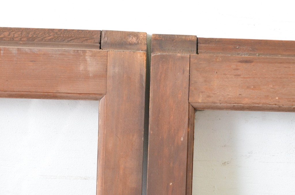 アンティーク建具　上手物!　古い木味の面取り桟ガラス窓2枚セット(ガラス戸、引き戸)(R-065263)