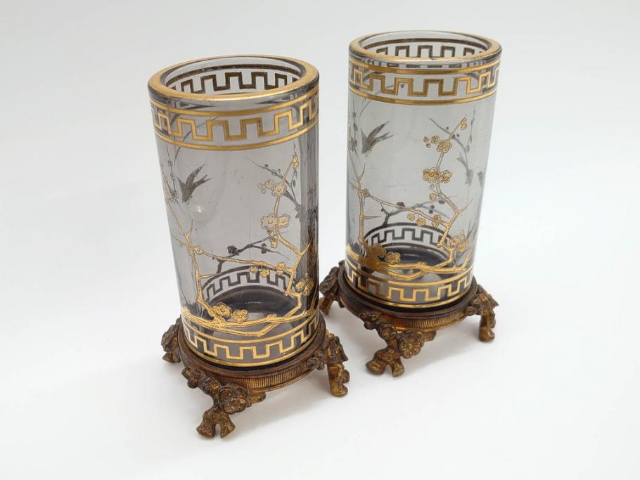 稀少　フランス　1880年～1900年頃　オールドバカラ　Baccarat　ジャポニズム　花鳥文　金彩　台座付き　細やかな意匠が施されたエレガントな雰囲気溢れる花瓶2個セット(フルレッドクリスタルガラス、筒型、花器、花入れ、箱付き)(R-074575)