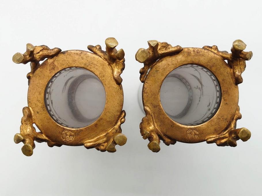 稀少　フランス　1880年～1900年頃　オールドバカラ　Baccarat　ジャポニズム　花鳥文　金彩　台座付き　細やかな意匠が施されたエレガントな雰囲気溢れる花瓶2個セット(フルレッドクリスタルガラス、筒型、花器、花入れ、箱付き)(R-074575)