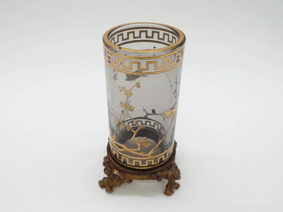 稀少　フランス　1880年～1900年頃　オールドバカラ　Baccarat　ジャポニズム　花鳥文　金彩　台座付き　細やかな意匠が施されたエレガントな雰囲気溢れる花瓶2個セット(フルレッドクリスタルガラス、筒型、花器、花入れ、箱付き)(R-074575)