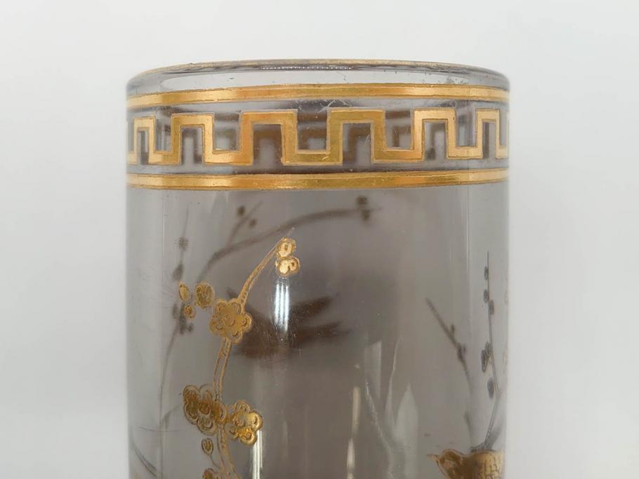 稀少　フランス　1880年～1900年頃　オールドバカラ　Baccarat　ジャポニズム　花鳥文　金彩　台座付き　細やかな意匠が施されたエレガントな雰囲気溢れる花瓶2個セット(フルレッドクリスタルガラス、筒型、花器、花入れ、箱付き)(R-074575)