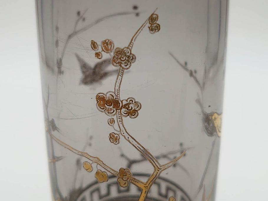 稀少　フランス　1880年～1900年頃　オールドバカラ　Baccarat　ジャポニズム　花鳥文　金彩　台座付き　細やかな意匠が施されたエレガントな雰囲気溢れる花瓶2個セット(フルレッドクリスタルガラス、筒型、花器、花入れ、箱付き)(R-074575)