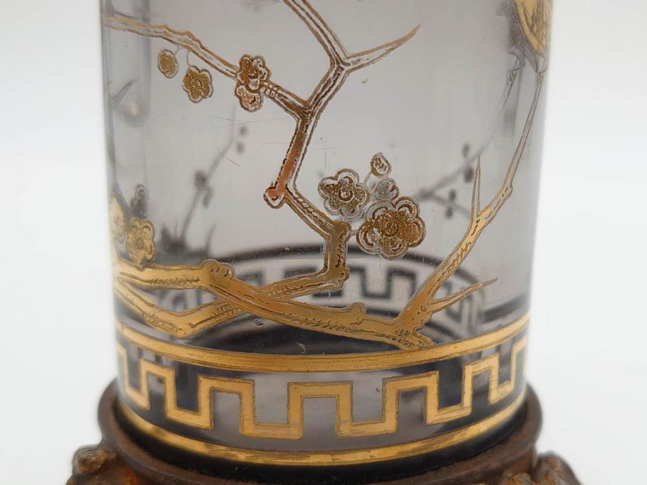 稀少　フランス　1880年～1900年頃　オールドバカラ　Baccarat　ジャポニズム　花鳥文　金彩　台座付き　細やかな意匠が施されたエレガントな雰囲気溢れる花瓶2個セット(フルレッドクリスタルガラス、筒型、花器、花入れ、箱付き)(R-074575)