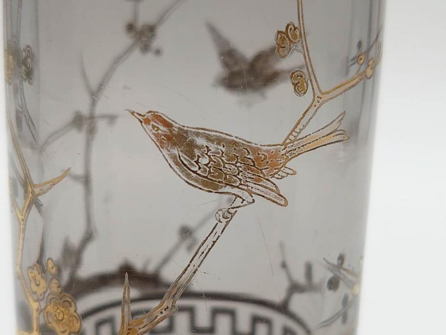 稀少　フランス　1880年～1900年頃　オールドバカラ　Baccarat　ジャポニズム　花鳥文　金彩　台座付き　細やかな意匠が施されたエレガントな雰囲気溢れる花瓶2個セット(フルレッドクリスタルガラス、筒型、花器、花入れ、箱付き)(R-074575)