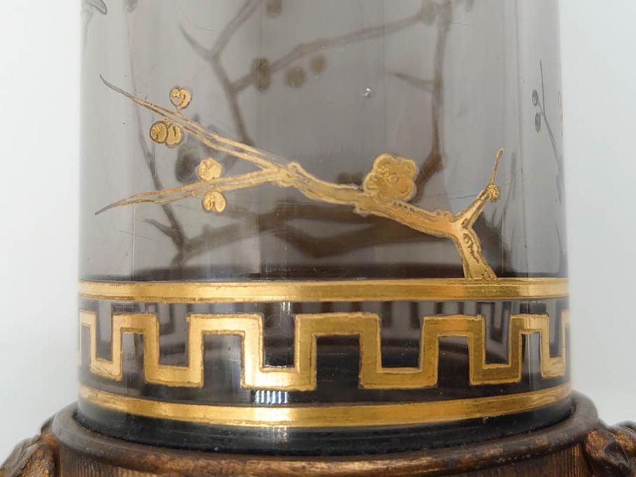 稀少　フランス　1880年～1900年頃　オールドバカラ　Baccarat　ジャポニズム　花鳥文　金彩　台座付き　細やかな意匠が施されたエレガントな雰囲気溢れる花瓶2個セット(フルレッドクリスタルガラス、筒型、花器、花入れ、箱付き)(R-074575)