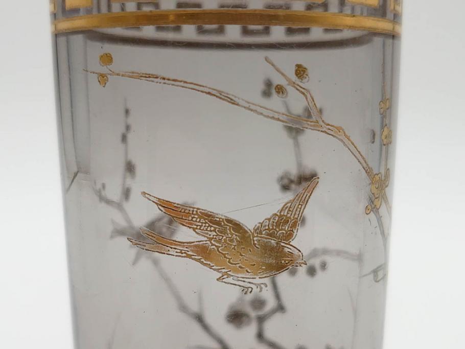 稀少　フランス　1880年～1900年頃　オールドバカラ　Baccarat　ジャポニズム　花鳥文　金彩　台座付き　細やかな意匠が施されたエレガントな雰囲気溢れる花瓶2個セット(フルレッドクリスタルガラス、筒型、花器、花入れ、箱付き)(R-074575)
