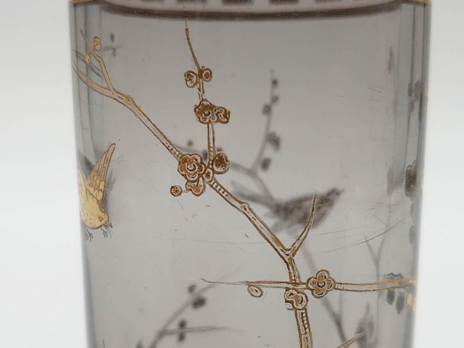 稀少　フランス　1880年～1900年頃　オールドバカラ　Baccarat　ジャポニズム　花鳥文　金彩　台座付き　細やかな意匠が施されたエレガントな雰囲気溢れる花瓶2個セット(フルレッドクリスタルガラス、筒型、花器、花入れ、箱付き)(R-074575)