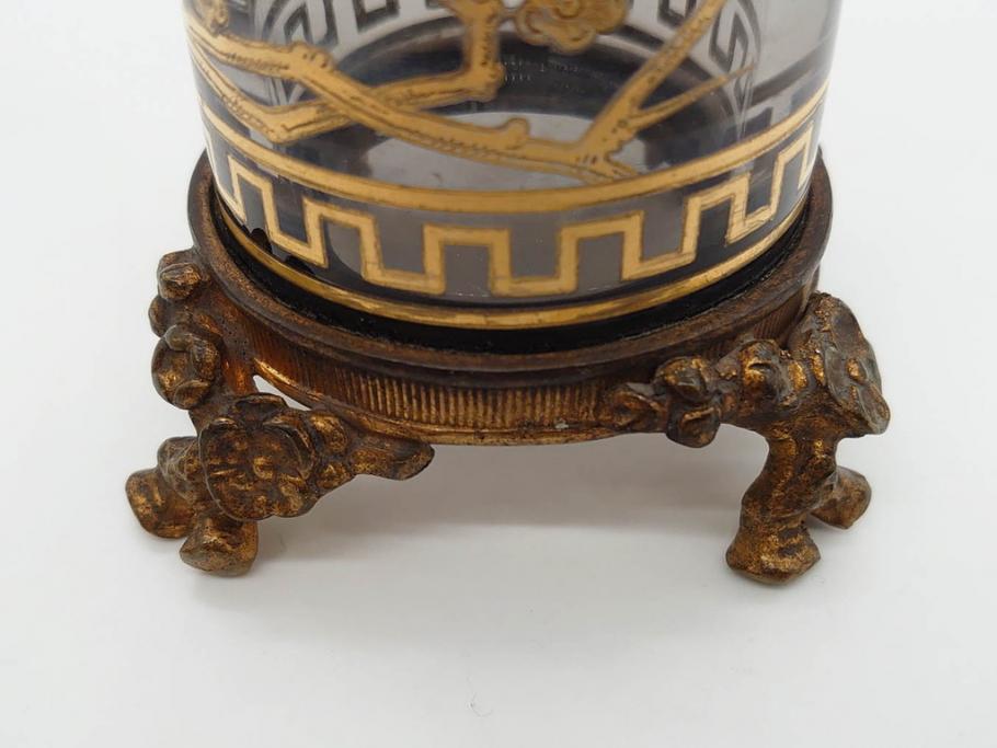 稀少　フランス　1880年～1900年頃　オールドバカラ　Baccarat　ジャポニズム　花鳥文　金彩　台座付き　細やかな意匠が施されたエレガントな雰囲気溢れる花瓶2個セット(フルレッドクリスタルガラス、筒型、花器、花入れ、箱付き)(R-074575)