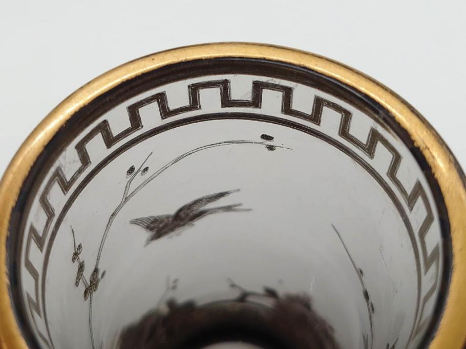 稀少　フランス　1880年～1900年頃　オールドバカラ　Baccarat　ジャポニズム　花鳥文　金彩　台座付き　細やかな意匠が施されたエレガントな雰囲気溢れる花瓶2個セット(フルレッドクリスタルガラス、筒型、花器、花入れ、箱付き)(R-074575)