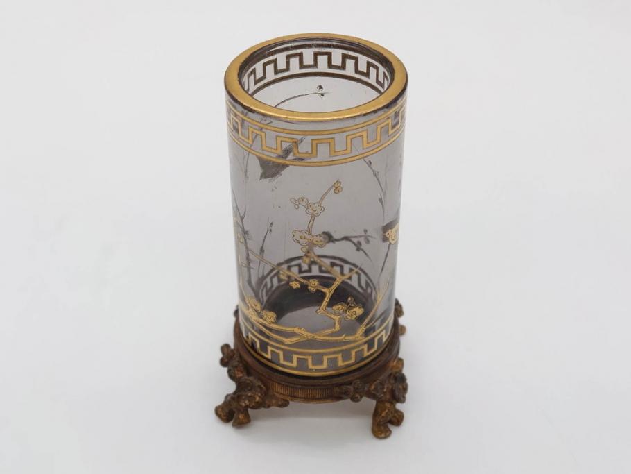稀少　フランス　1880年～1900年頃　オールドバカラ　Baccarat　ジャポニズム　花鳥文　金彩　台座付き　細やかな意匠が施されたエレガントな雰囲気溢れる花瓶2個セット(フルレッドクリスタルガラス、筒型、花器、花入れ、箱付き)(R-074575)