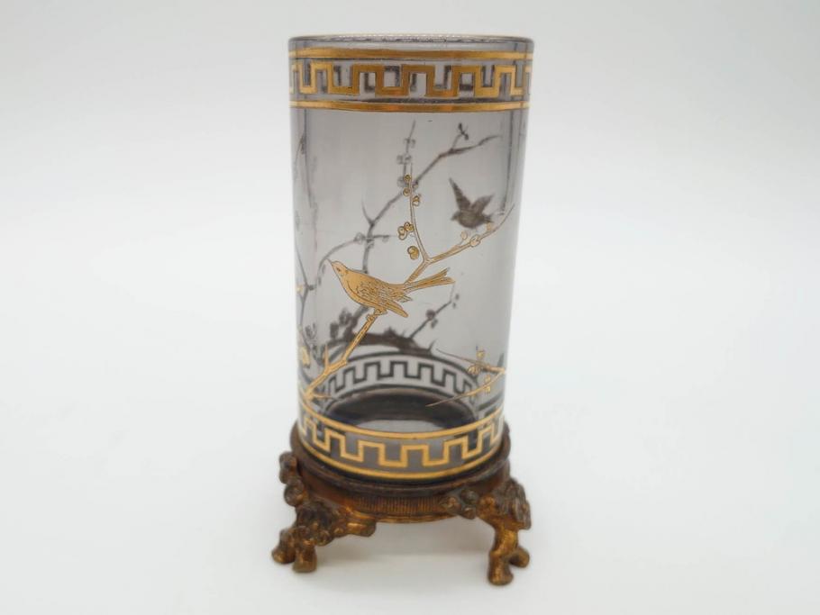 稀少　フランス　1880年～1900年頃　オールドバカラ　Baccarat　ジャポニズム　花鳥文　金彩　台座付き　細やかな意匠が施されたエレガントな雰囲気溢れる花瓶2個セット(フルレッドクリスタルガラス、筒型、花器、花入れ、箱付き)(R-074575)