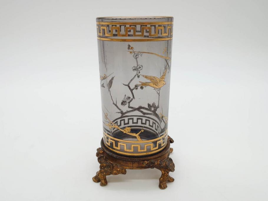 稀少　フランス　1880年～1900年頃　オールドバカラ　Baccarat　ジャポニズム　花鳥文　金彩　台座付き　細やかな意匠が施されたエレガントな雰囲気溢れる花瓶2個セット(フルレッドクリスタルガラス、筒型、花器、花入れ、箱付き)(R-074575)