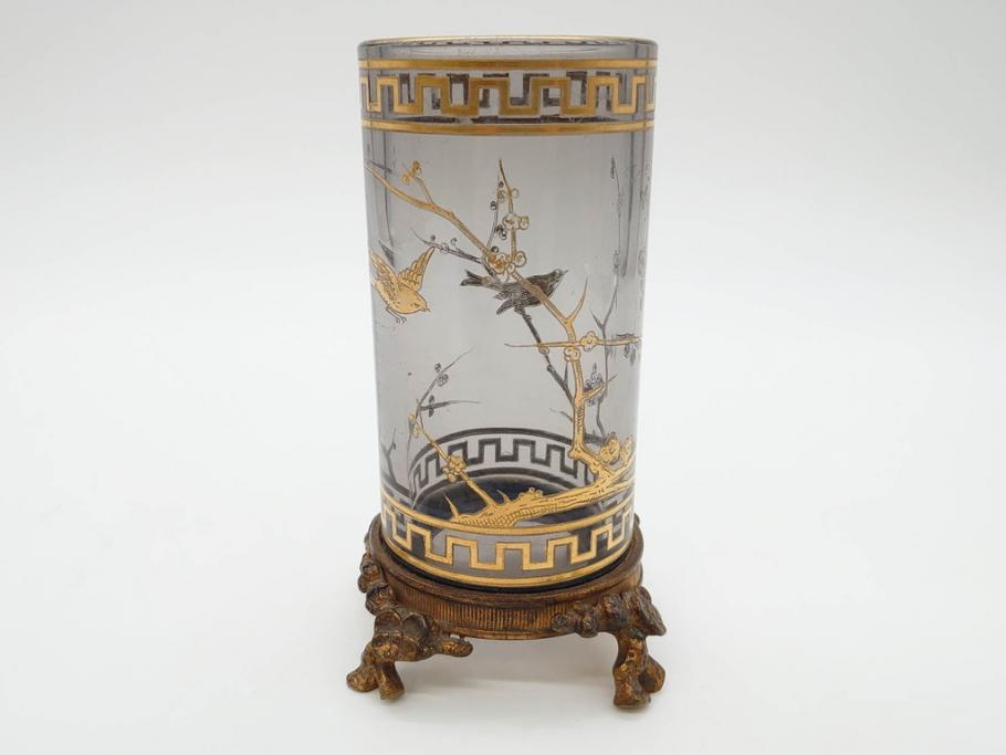 稀少　フランス　1880年～1900年頃　オールドバカラ　Baccarat　ジャポニズム　花鳥文　金彩　台座付き　細やかな意匠が施されたエレガントな雰囲気溢れる花瓶2個セット(フルレッドクリスタルガラス、筒型、花器、花入れ、箱付き)(R-074575)