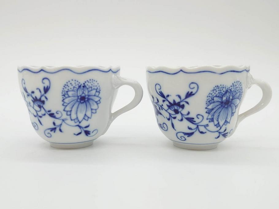 ドイツ　マイセン　Meissen　ブルーオニオン　意匠をこらした凝ったデザインが魅力的なモカカップ2客&オープンワーク透かしプレート2枚セット(皿、洋食器)(R-074581)