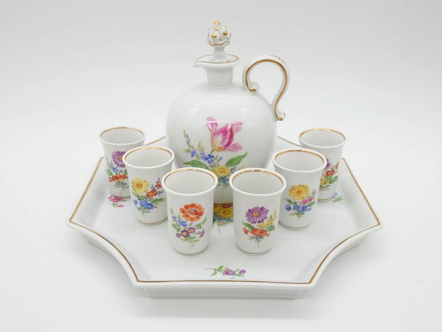 ドイツ　マイセン　Meissen　フラワー　多彩な花たちが華やぎをもたらしてくれるリキュールセット(花、ボトル、トレイ、トレー、カップ6客、酒器、洋食器)(R-074583)