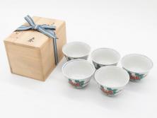 山田義明(号龍山)　九谷焼　花鳥図　約9cm　2.8寸　豊かな色彩が美しい汲出碗5客セット(牡丹、ぼたん、茶器、煎茶道具、湯のみ、湯呑み、共箱付き、和食器、裏印、二寸八分)(R-079610)