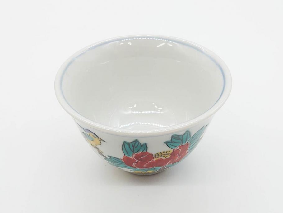 山田義明(号龍山)　九谷焼　花鳥図　約9cm　2.8寸　豊かな色彩が美しい汲出碗5客セット(牡丹、ぼたん、茶器、煎茶道具、湯のみ、湯呑み、共箱付き、和食器、裏印、二寸八分)(R-079610)