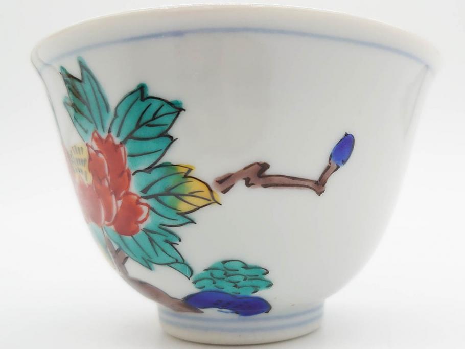 山田義明(号龍山)　九谷焼　花鳥図　約9cm　2.8寸　豊かな色彩が美しい汲出碗5客セット(牡丹、ぼたん、茶器、煎茶道具、湯のみ、湯呑み、共箱付き、和食器、裏印、二寸八分)(R-079610)