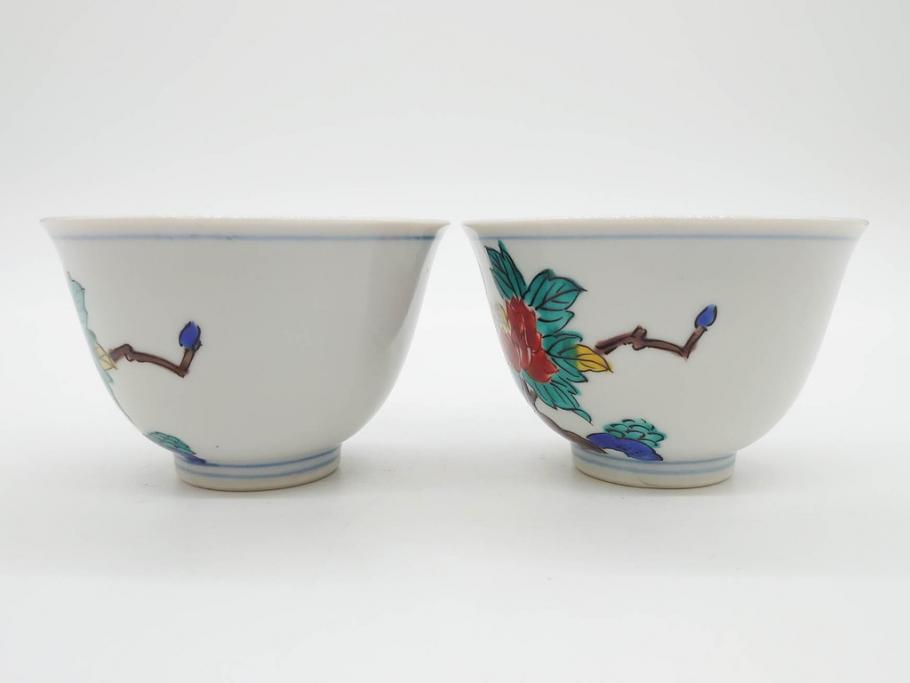 山田義明(号龍山)　九谷焼　花鳥図　約9cm　2.8寸　豊かな色彩が美しい汲出碗5客セット(牡丹、ぼたん、茶器、煎茶道具、湯のみ、湯呑み、共箱付き、和食器、裏印、二寸八分)(R-079610)