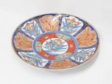 江戸期　古伊万里　染付　色絵　花菖蒲　約48cm　1尺5寸　煌びやかで優雅な大皿(花しょうぶ、花唐草模様、金彩、尺皿、和食器、和皿、一尺五寸)(R-079611)