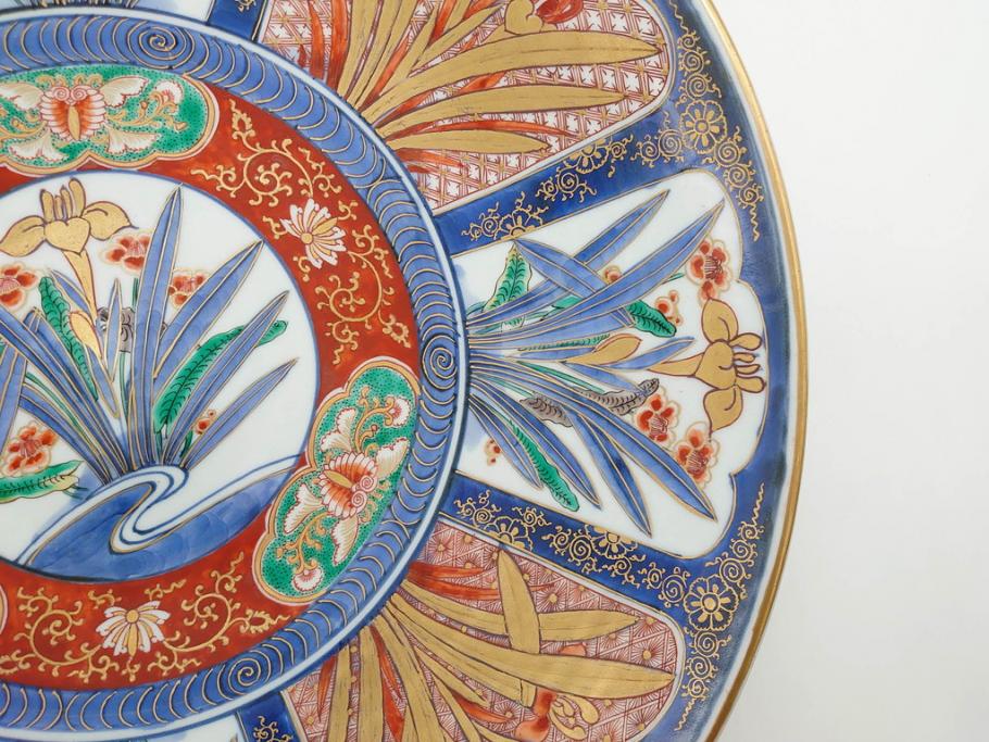 江戸期　古伊万里　染付　色絵　花菖蒲　約48cm　1尺5寸　煌びやかで優雅な大皿(花しょうぶ、花唐草模様、金彩、尺皿、和食器、和皿、一尺五寸)(R-079611)
