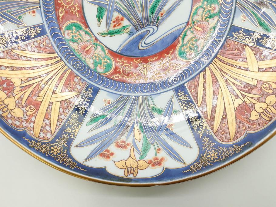 江戸期　古伊万里　染付　色絵　花菖蒲　約48cm　1尺5寸　煌びやかで優雅な大皿(花しょうぶ、花唐草模様、金彩、尺皿、和食器、和皿、一尺五寸)(R-079611)