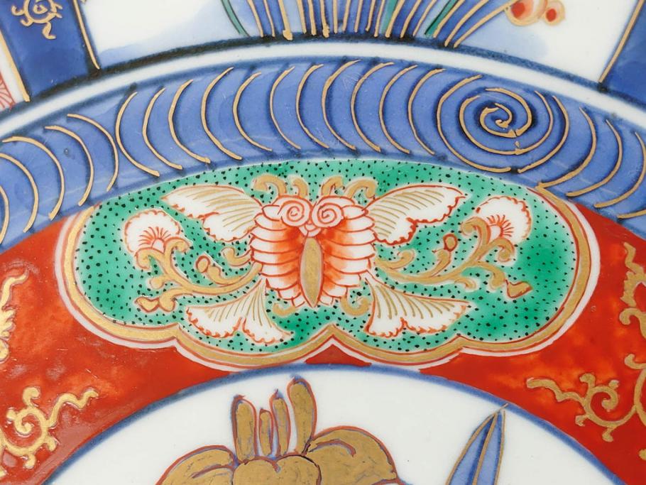 江戸期　古伊万里　染付　色絵　花菖蒲　約48cm　1尺5寸　煌びやかで優雅な大皿(花しょうぶ、花唐草模様、金彩、尺皿、和食器、和皿、一尺五寸)(R-079611)
