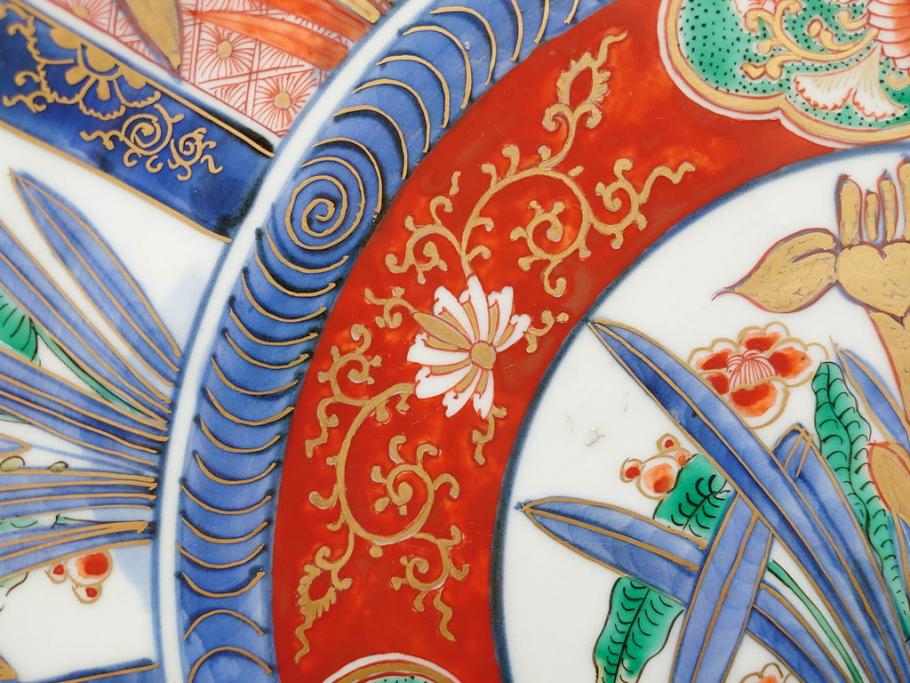 江戸期　古伊万里　染付　色絵　花菖蒲　約48cm　1尺5寸　煌びやかで優雅な大皿(花しょうぶ、花唐草模様、金彩、尺皿、和食器、和皿、一尺五寸)(R-079611)