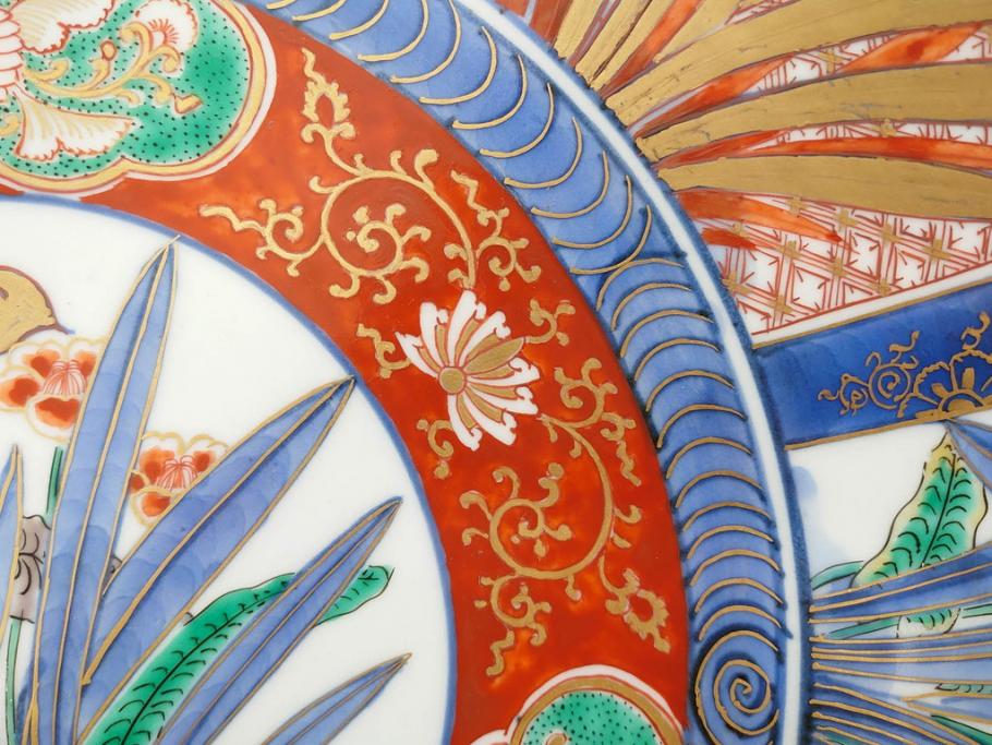 江戸期　古伊万里　染付　色絵　花菖蒲　約48cm　1尺5寸　煌びやかで優雅な大皿(花しょうぶ、花唐草模様、金彩、尺皿、和食器、和皿、一尺五寸)(R-079611)