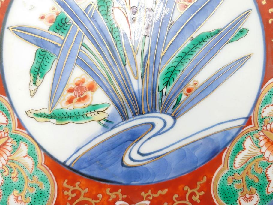 江戸期　古伊万里　染付　色絵　花菖蒲　約48cm　1尺5寸　煌びやかで優雅な大皿(花しょうぶ、花唐草模様、金彩、尺皿、和食器、和皿、一尺五寸)(R-079611)