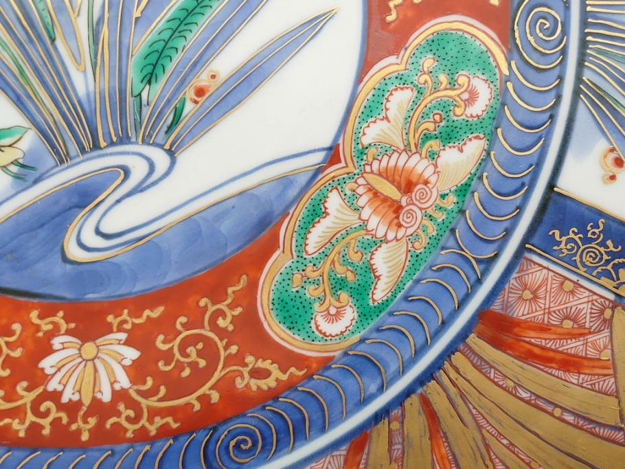江戸期　古伊万里　染付　色絵　花菖蒲　約48cm　1尺5寸　煌びやかで優雅な大皿(花しょうぶ、花唐草模様、金彩、尺皿、和食器、和皿、一尺五寸)(R-079611)