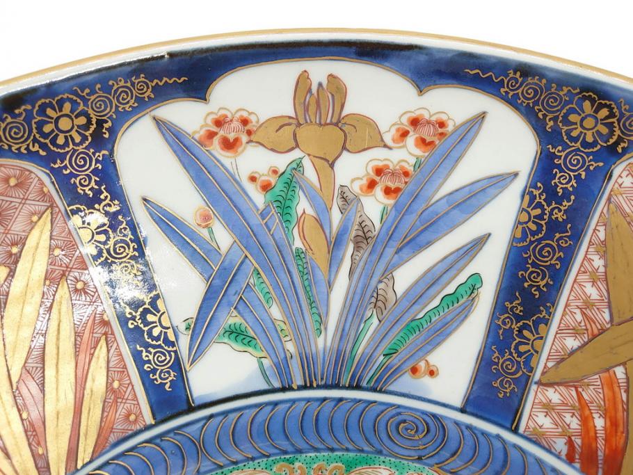 江戸期　古伊万里　染付　色絵　花菖蒲　約48cm　1尺5寸　煌びやかで優雅な大皿(花しょうぶ、花唐草模様、金彩、尺皿、和食器、和皿、一尺五寸)(R-079611)