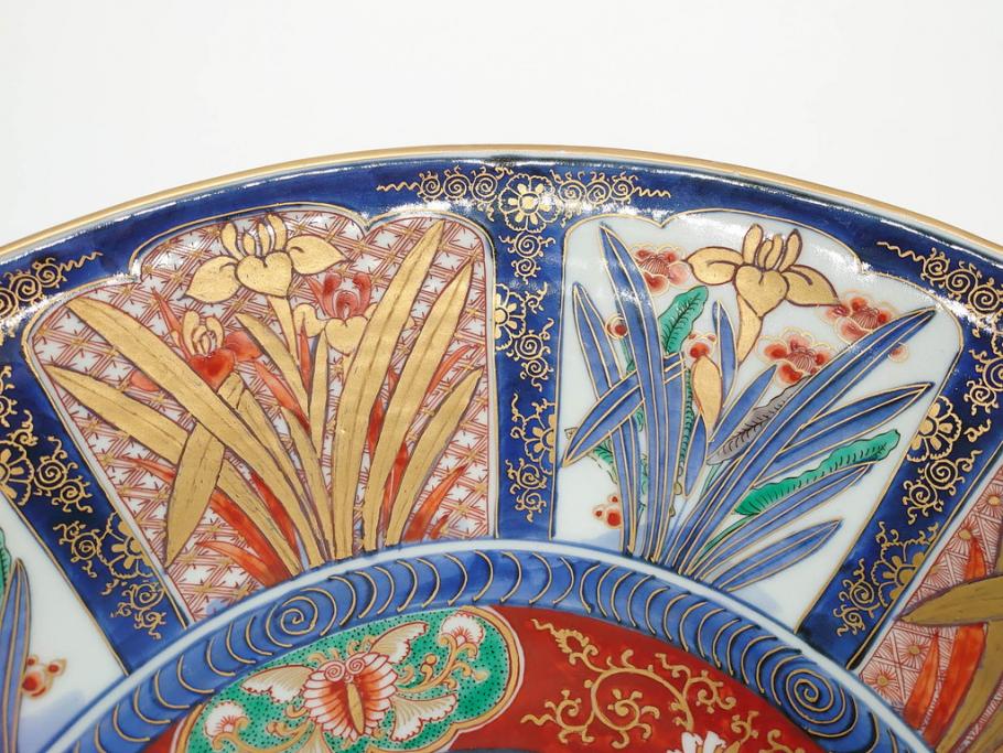 江戸期　古伊万里　染付　色絵　花菖蒲　約48cm　1尺5寸　煌びやかで優雅な大皿(花しょうぶ、花唐草模様、金彩、尺皿、和食器、和皿、一尺五寸)(R-079611)