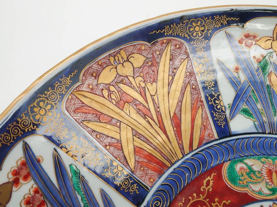 江戸期　古伊万里　染付　色絵　花菖蒲　約48cm　1尺5寸　煌びやかで優雅な大皿(花しょうぶ、花唐草模様、金彩、尺皿、和食器、和皿、一尺五寸)(R-079611)