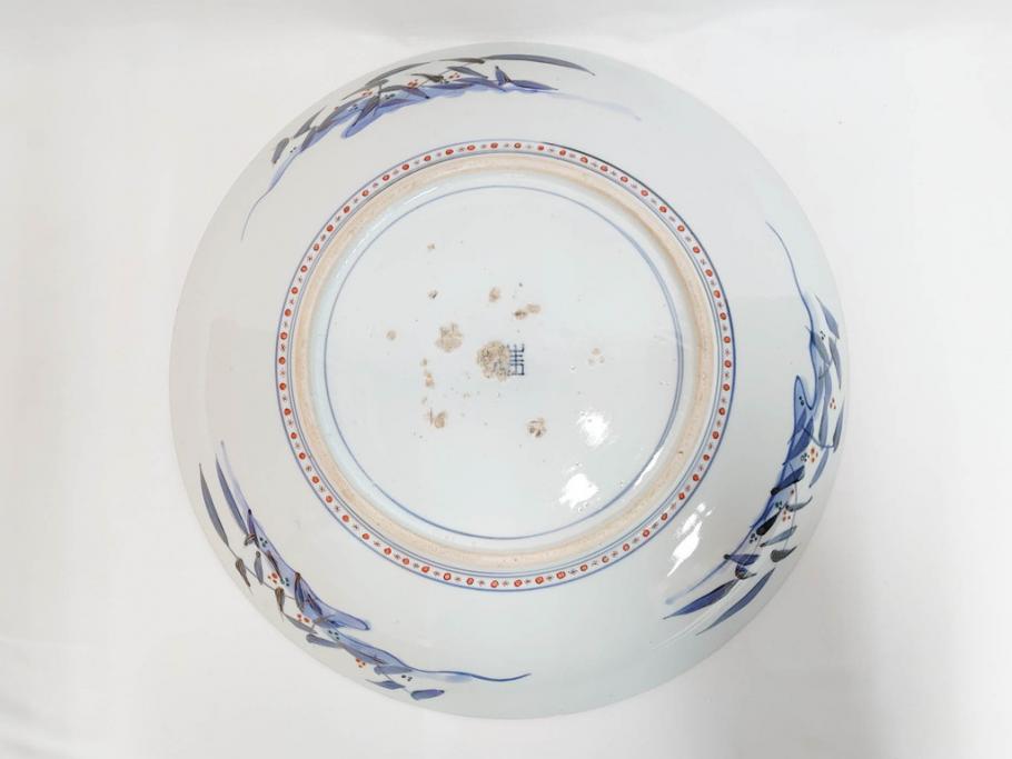 江戸期　古伊万里　染付　色絵　花菖蒲　約48cm　1尺5寸　煌びやかで優雅な大皿(花しょうぶ、花唐草模様、金彩、尺皿、和食器、和皿、一尺五寸)(R-079611)