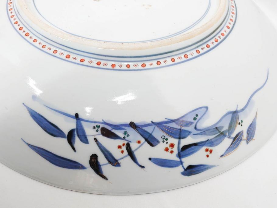 江戸期　古伊万里　染付　色絵　花菖蒲　約48cm　1尺5寸　煌びやかで優雅な大皿(花しょうぶ、花唐草模様、金彩、尺皿、和食器、和皿、一尺五寸)(R-079611)