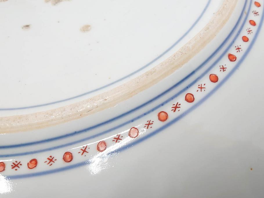 江戸期　古伊万里　染付　色絵　花菖蒲　約48cm　1尺5寸　煌びやかで優雅な大皿(花しょうぶ、花唐草模様、金彩、尺皿、和食器、和皿、一尺五寸)(R-079611)