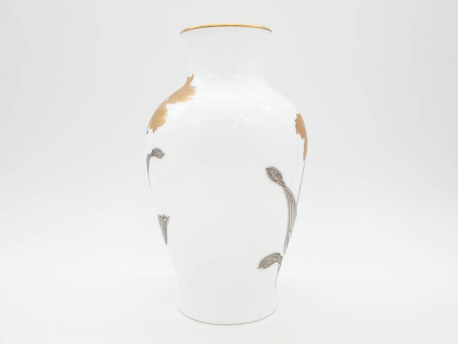 大倉陶園(OKURA、OAC)　金蝕カトレア 高さ 約27cm/ブルーローズ 高さ 約15cm　気品漂う花瓶2点セット(バラ、薔薇、金彩、花生け、花器、花入、フラワーベース、白磁)(R-079613)