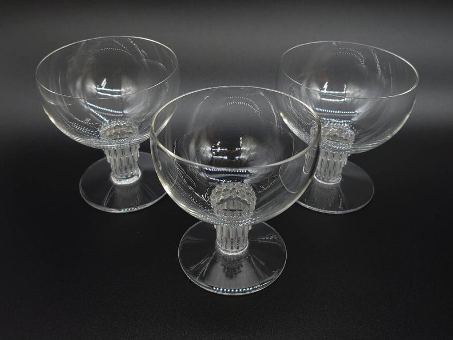 アンティーク　1950年代　ルネ・ラリック(R.LALIQUE)　バンブー(竹)　シンプルながらも洗練されたデザインに魅了されるグラス3客セット(ワイン、ゴブレット、コニャック、ブランデー、カクテル、クープ、シャンパン、シャンペン、ガラス)(R-074588)