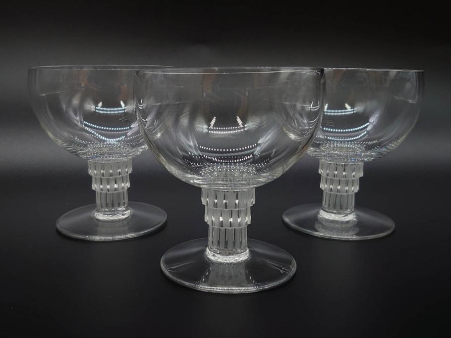 アンティーク　1950年代　ルネ・ラリック(R.LALIQUE)　バンブー(竹)　シンプルながらも洗練されたデザインに魅了されるグラス3客セット(ワイン、ゴブレット、コニャック、ブランデー、カクテル、クープ、シャンパン、シャンペン、ガラス)(R-074588)