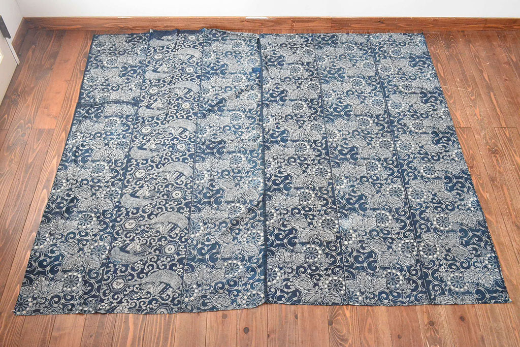 明治〜大正　藍型染め木綿古布(布団皮、藍染)(R-052922)