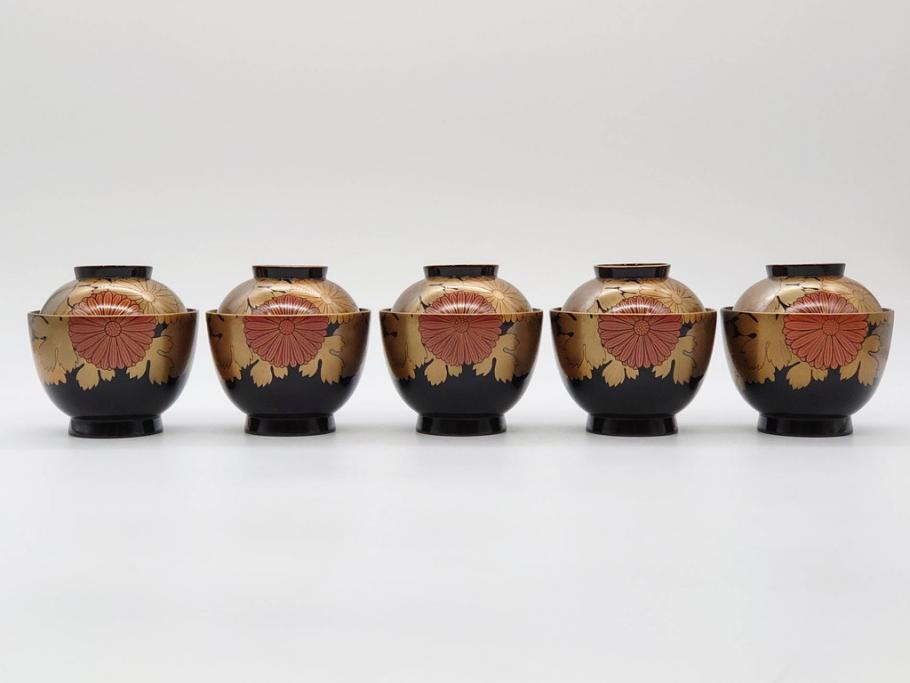 輪島塗　蒔絵　吸物椀　金彩の艶やかなデザインが見事なお椀5客セット(菊、牡丹、花、木製、漆器、漆芸、金彩、和食器、蓋付き)(R-079643)