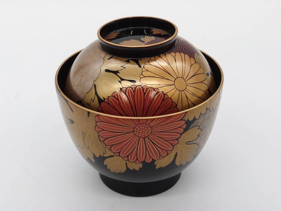 輪島塗　蒔絵　吸物椀　金彩の艶やかなデザインが見事なお椀5客セット(菊、牡丹、花、木製、漆器、漆芸、金彩、和食器、蓋付き)(R-079643)