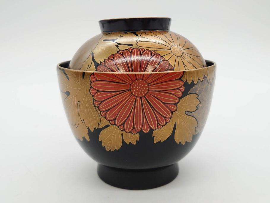輪島塗　蒔絵　吸物椀　金彩の艶やかなデザインが見事なお椀5客セット(菊、牡丹、花、木製、漆器、漆芸、金彩、和食器、蓋付き)(R-079643)
