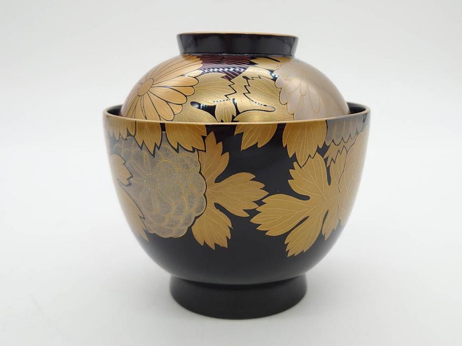 輪島塗　蒔絵　吸物椀　金彩の艶やかなデザインが見事なお椀5客セット(菊、牡丹、花、木製、漆器、漆芸、金彩、和食器、蓋付き)(R-079643)
