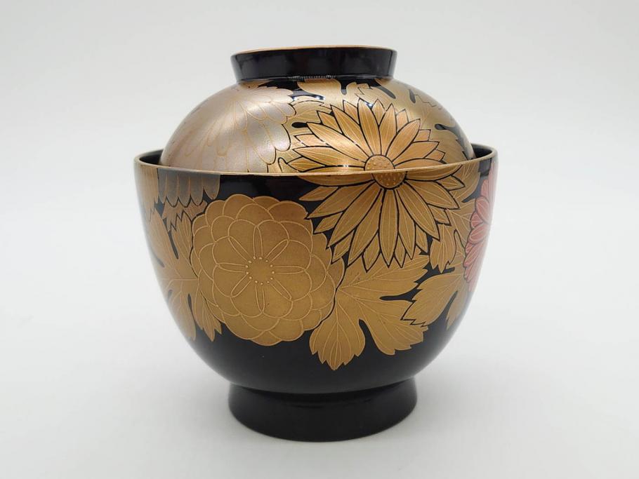 輪島塗　蒔絵　吸物椀　金彩の艶やかなデザインが見事なお椀5客セット(菊、牡丹、花、木製、漆器、漆芸、金彩、和食器、蓋付き)(R-079643)