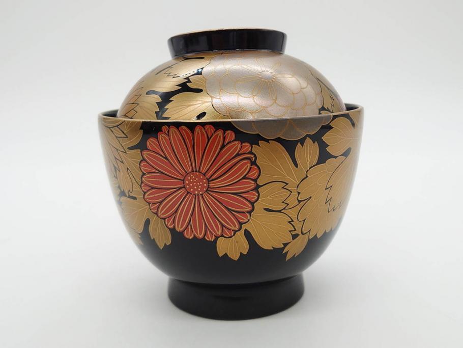 輪島塗　蒔絵　吸物椀　金彩の艶やかなデザインが見事なお椀5客セット(菊、牡丹、花、木製、漆器、漆芸、金彩、和食器、蓋付き)(R-079643)