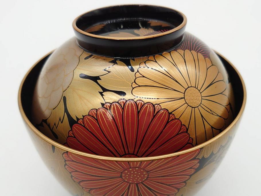 輪島塗　蒔絵　吸物椀　金彩の艶やかなデザインが見事なお椀5客セット(菊、牡丹、花、木製、漆器、漆芸、金彩、和食器、蓋付き)(R-079643)